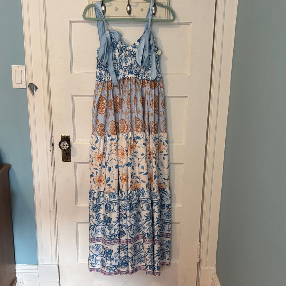 Bohemian Tie-Shoulder Tiered Maxi Dress in Light Blue and White